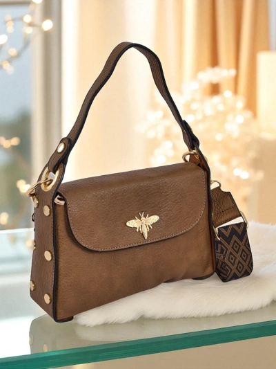 Women's small leather handbag Perseida brown with decorative motif