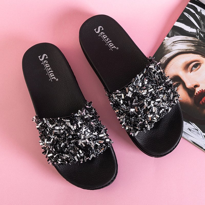 OUTLET Black women's platform slippers with Lomine cubic zirconia - Footwear