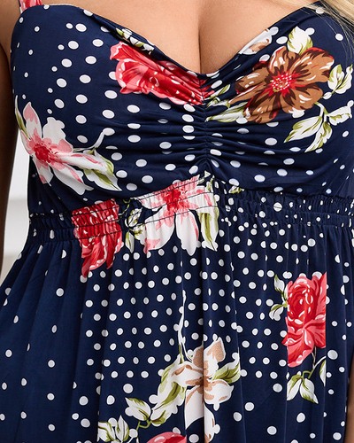 Women's navy blue midi dress with polka dot straps - Clothing