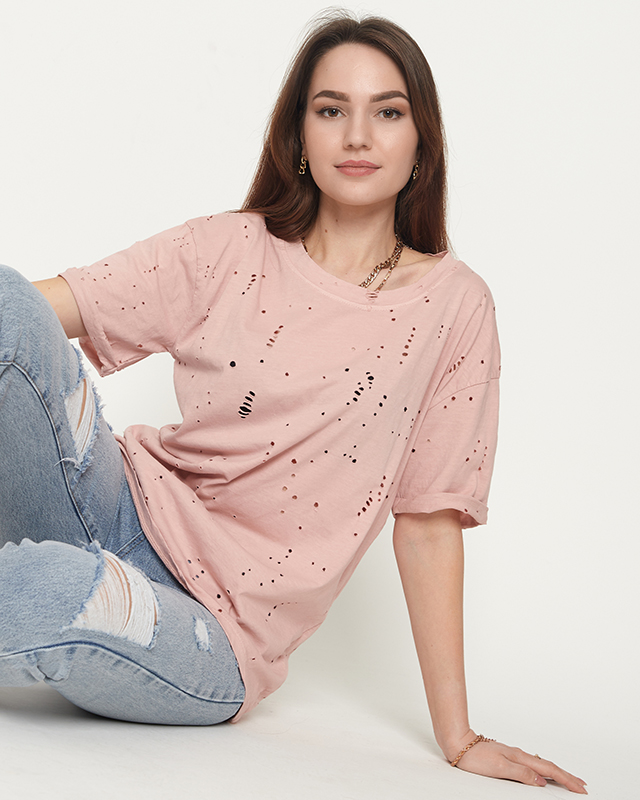 Cotton women's t-shirt with decorative holes in pastel pink - Clothing