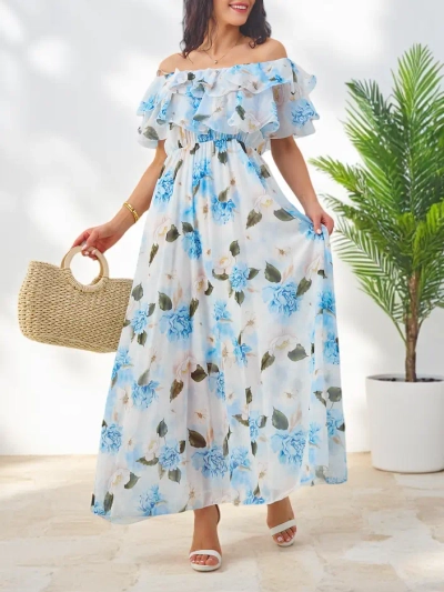 Royalfashion Sieviešu kleita ar atvērtām plecu daļām un īsām piedurknēm dažādās ziedu motīvos