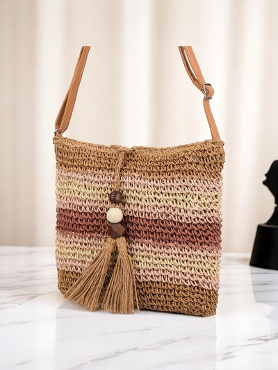 Royal Fashion Small Striped Straw Charm Mini Handbag for Women