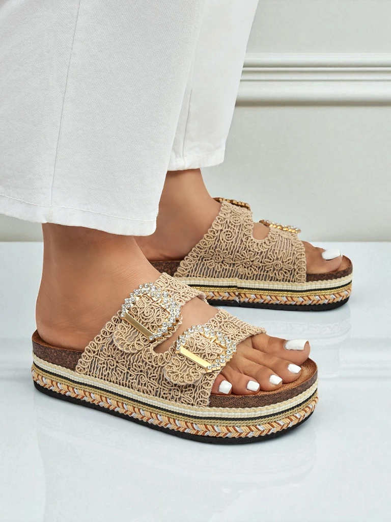 Royalfashion Women's sandals with rhinestone buckles GlamCork