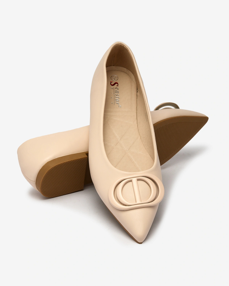 Royalfashion Cream Women's Spike Ballerinas with Manixy Nose Embellishment