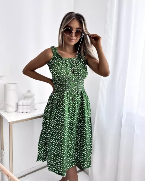 Women's knee-length dress with print in dark green- Clothing