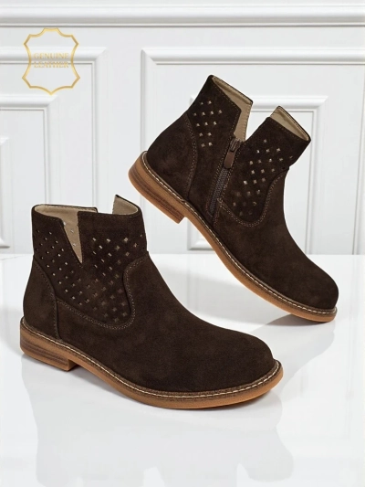 Ariadne ankle boots made of natural dark brown suede, flat 3 cm heels