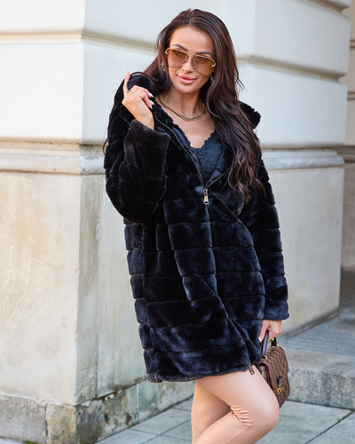 Royalfashion Черное меховое женское пальто