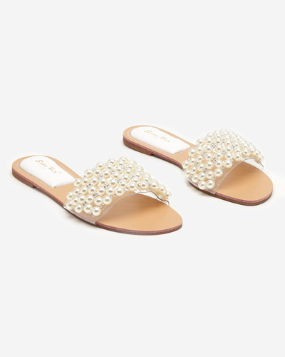 Women's white slippers with pearls Faldei. Footwear