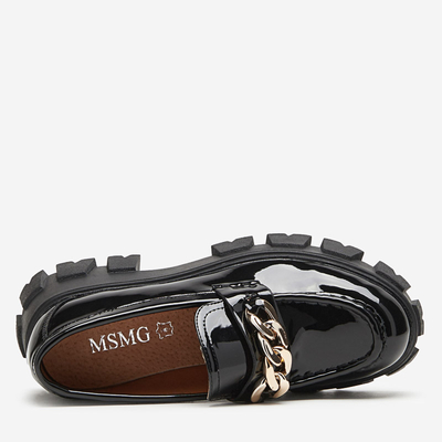 OUTLET Women's black lacquered slip on shoes with a chain Guinewra - Footwear