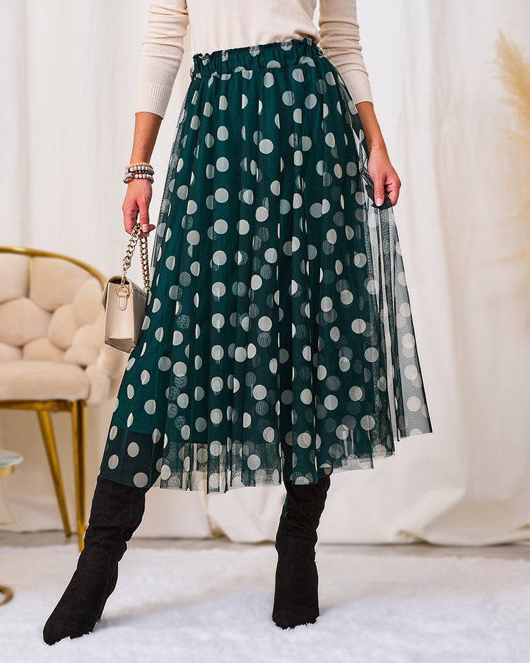 Royalfashion Темно-зеленая женская двухслойная юбка-миди в горошек