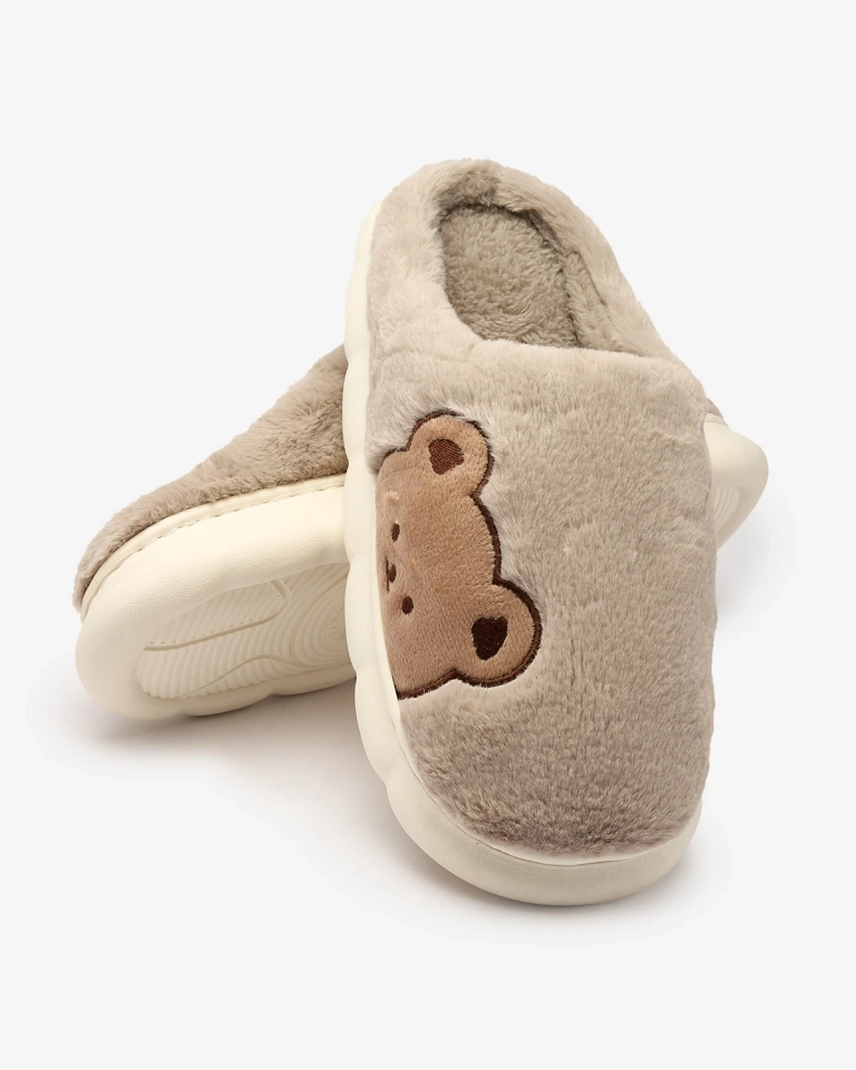 Royalfashion Women's fur slippers with teddy bear in gray Fetemes