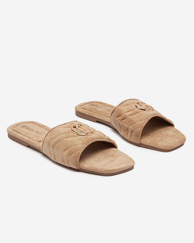 Light brown women's eco-suede slippers with a golden ornament Fanico - Footwear
