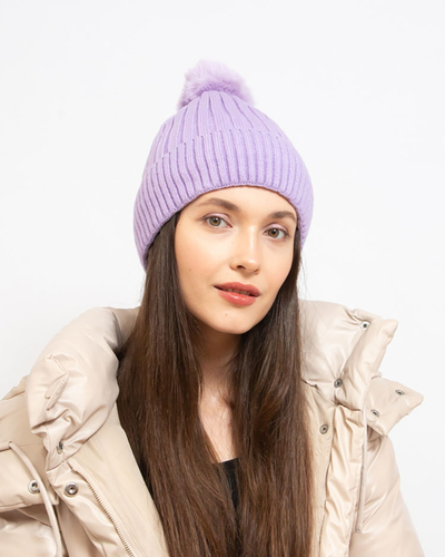 Royalfashion Фиолетовая женская утепленная шапка с помпоном