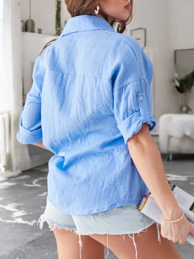 Royalfashion kokvilnas sieviešu krekls ar reljefu, V-veida kaklu un 3/4 piedurknēm