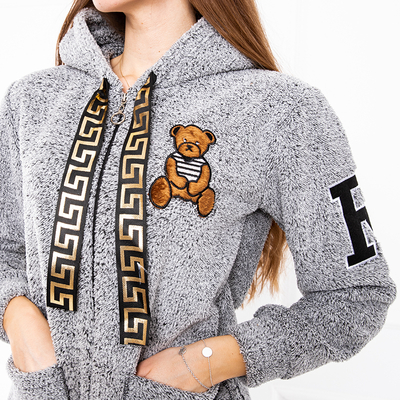 Women's gray plush zipped hoodie with teddy bear patches - Clothing