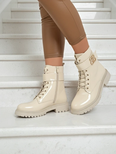 Beige Ariadne eco-leather ankle boots with a zipper, round toe, stylish