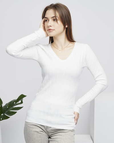 Women's V-neck white sweater - Clothing
