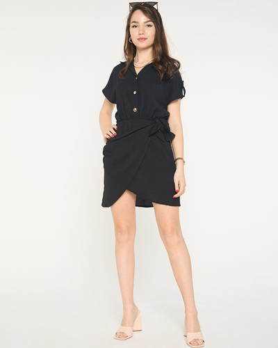 Women's black mini dress with a tie - Clothing