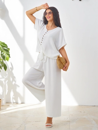 Женский casual комплект Royalfashion с блузкой с коротким рукавом и широкими брюками