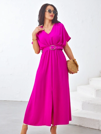 Royalfashion Sieviešu midi kleita ar īsām piedurknēm, V-veida kakla izgriezumu un centrālo šķēlumu