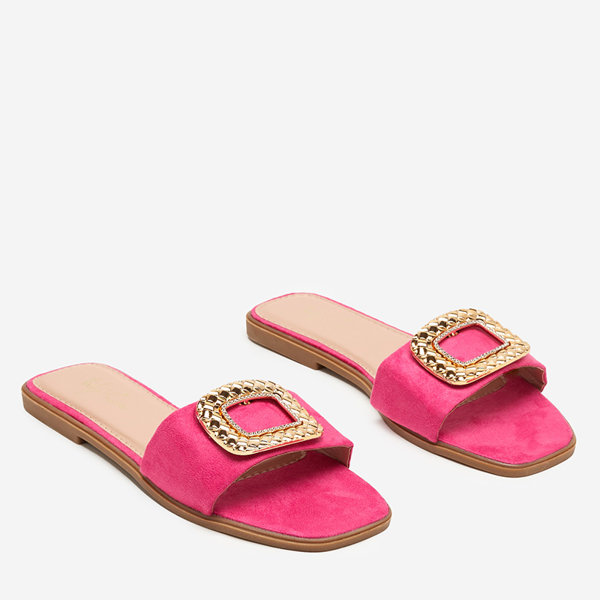 OUTLET Fuchsia sieviešu eko zamšādas čības ar zelta sprādzi Lozi. Apavi