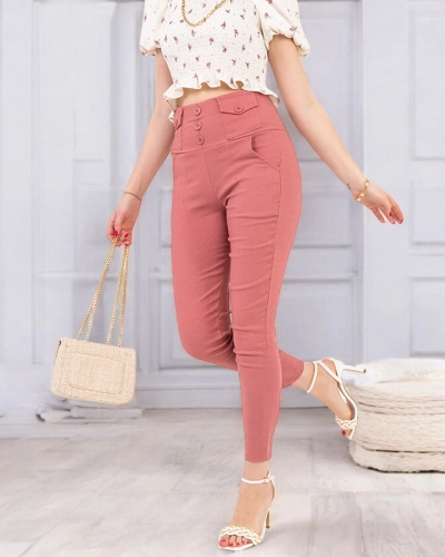 Women's pink treggings with buttons - Clothing