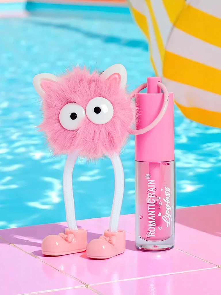 Lip gloss for children with a fluffy monster Dark Pink