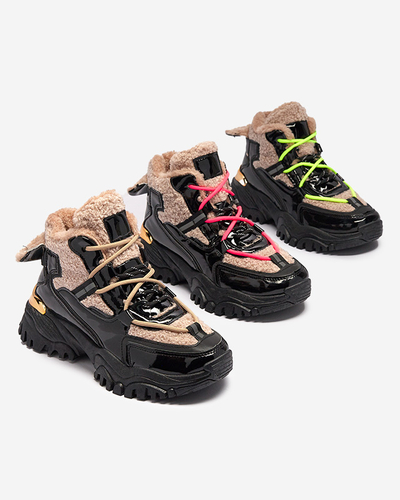 Черные женские спортивные кроссовки с мехом и бежевыми шнурками Adbo- Footwear