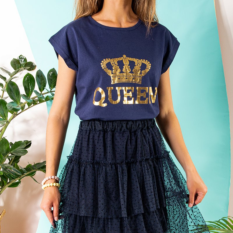 Navy blue women's cotton t-shirt with print - Clothing