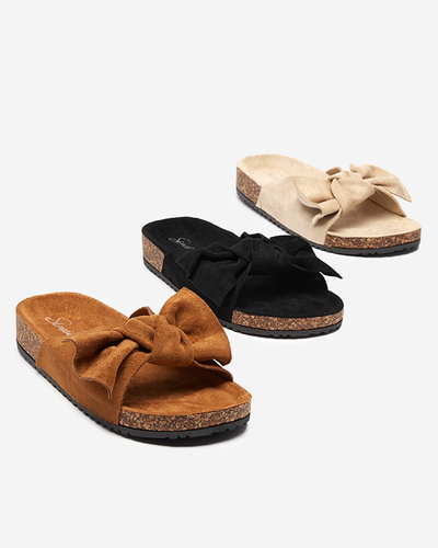 Women's eco-suede slippers with a bow in a camel color Dofro- Footwear