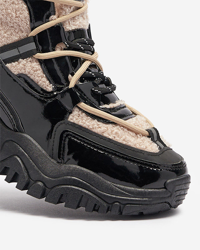 Black women's sports shoes with fur and beige laces Adbo- Footwear