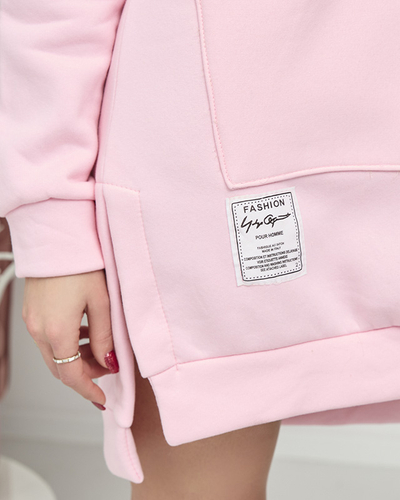 Pink women's long kangaroo sweatshirt with patch - Clothing