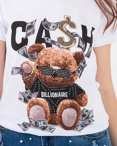 White women's t-shirt with a teddy bear print - Clothing