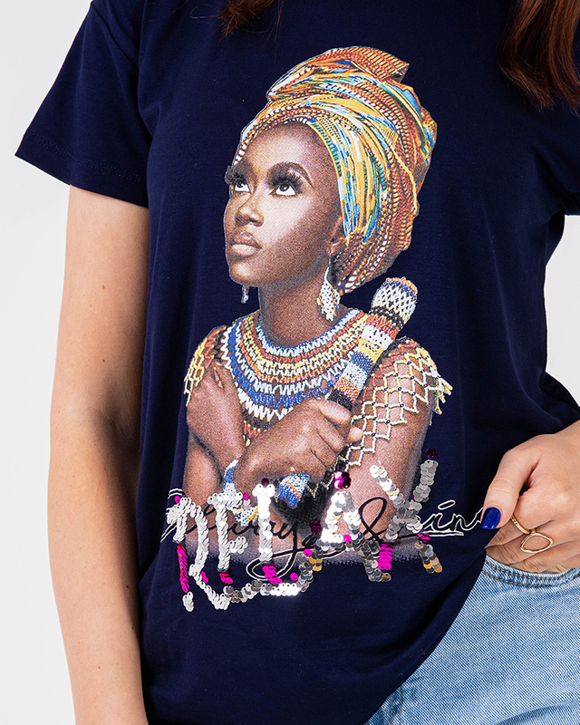 Navy blue women's t-shirt with colorful print and sequins - Clothing