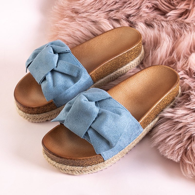Blue women's slippers with a Jenis bow - Footwear