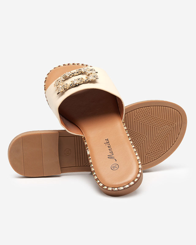 OUTLET Elegant beige women's slippers with golden decoration Meriso - Footwear