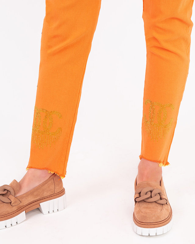 Orange fabric women's pants with cubic zirconia - Clothing