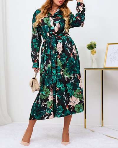Royalfashion Melnā un zaļā rakstainā sieviešu maxi kleita