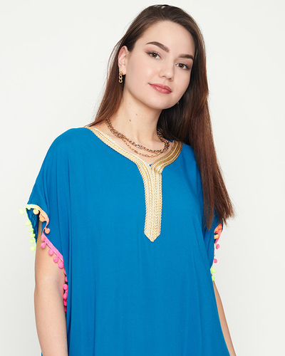 Women's blue summer beach tunic with pompoms - Clothing