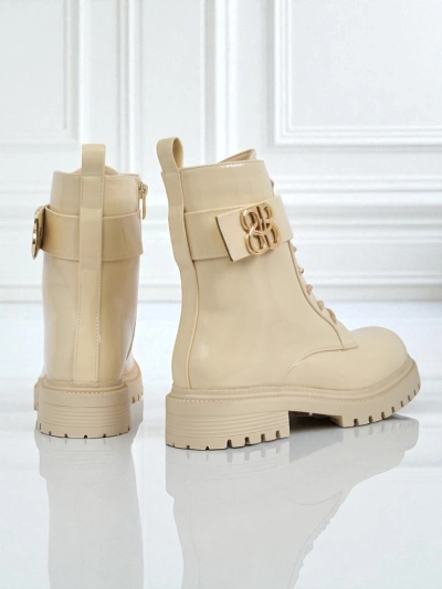 Beige Ariadne eco-leather ankle boots with a zipper, round toe, stylish