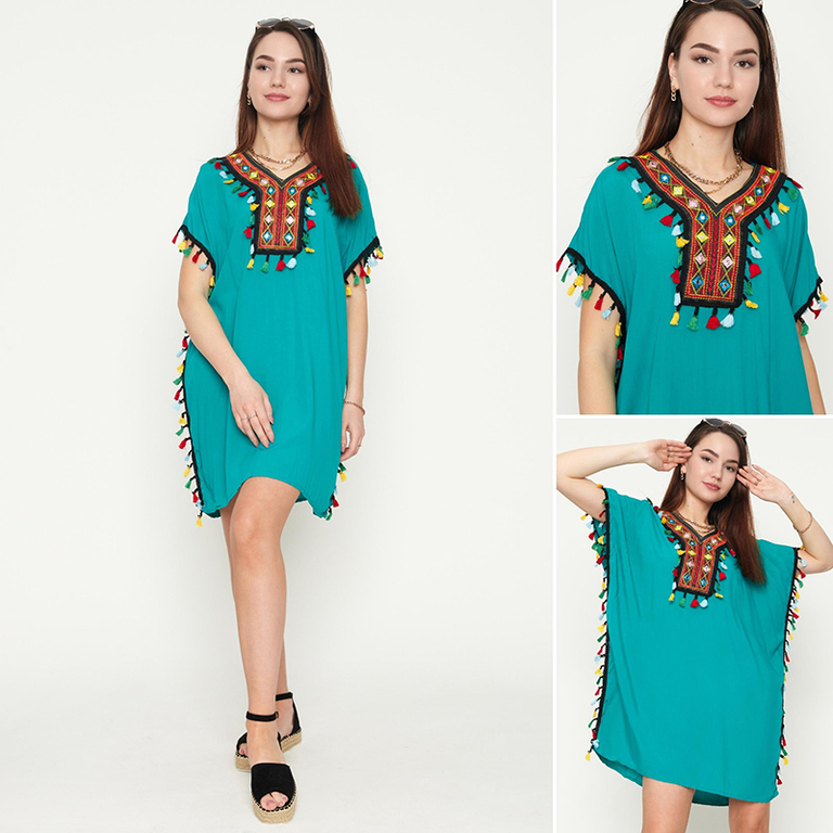 Women's green summer beach tunic with fringes - Clothing