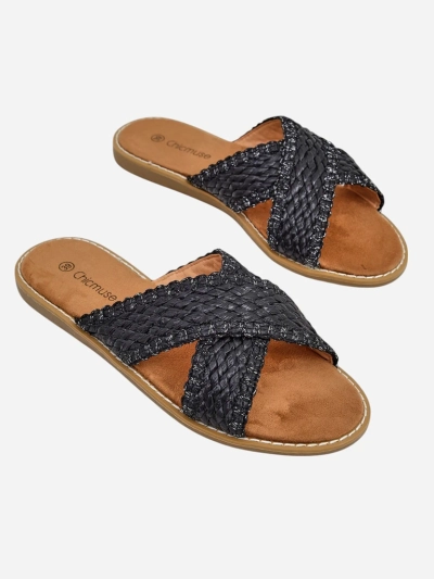 Calista Nero women's flat sandals, black braid, ecological leather