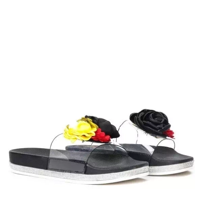 OUTLET Black slippers with decorative flowers Novia - Footwear