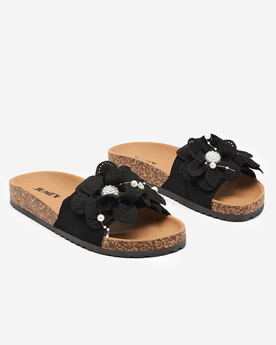 OUTLET Black women's slippers with fabric flowers Serine - Footwear