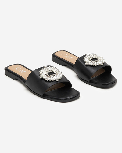 Black women's slippers with a silver ornament - Footwear