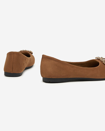 OUTLET Brown women's eco-suede ballerinas with Linselis decoration - Footwear