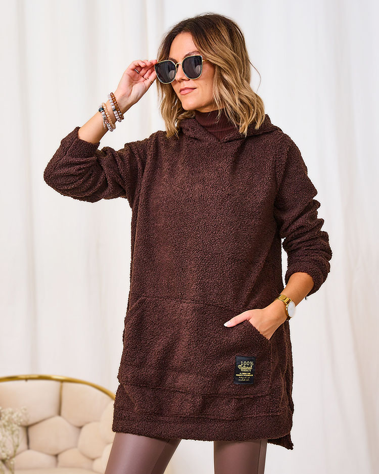 Royalfashion Dark brown women's long sweater with hood