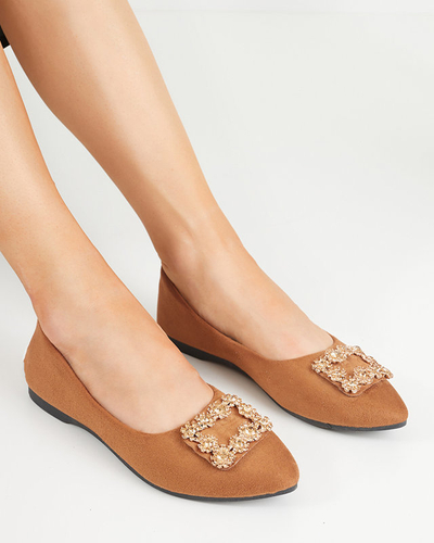 OUTLET Brown women's eco-suede ballerinas with Linselis decoration - Footwear