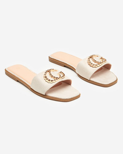 Eco suede beige slippers with a golden Hana ornament - Footwear