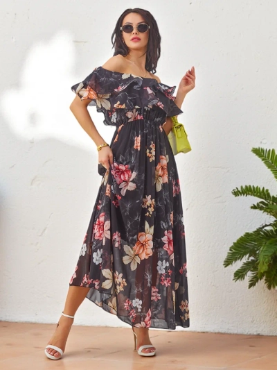 Royalfashion Sieviešu kleita bez plecu siksnām ar īsām piedurknēm dažādos ziedu rakstos